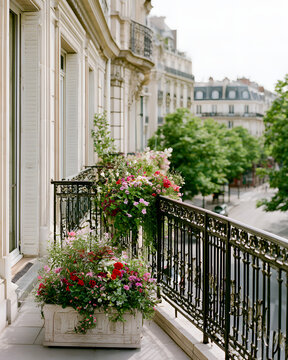 Ornate Wrought Iron Balcony in Paris Adorned with Colorful Flowers and Lush Greenery