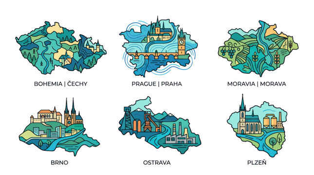 Czech republic regional maps and city landmark icons set