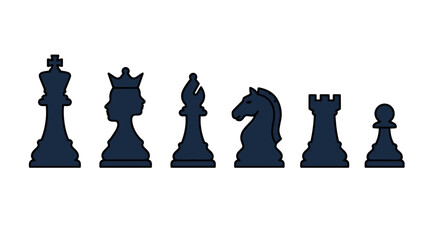 Complete set of dark chess pieces icons in a linear row © Emilo