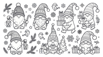 Obraz premium Christmas gnomes set with festive gifts lanterns and winter elements