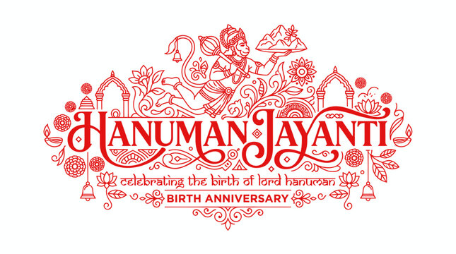 Hanuman jayanti celebration with deity carrying mountain in line art
