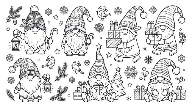 Christmas gnomes set with festive gifts lanterns and winter elements