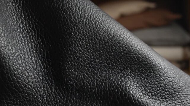 Close up of black textured leather fabric in a workshop