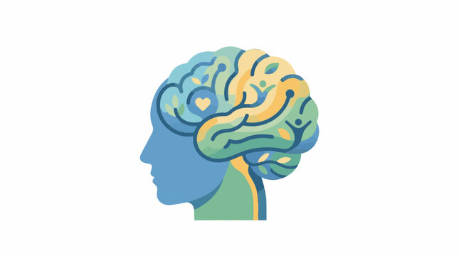 A profile illustration of a human head with a colorful brain
