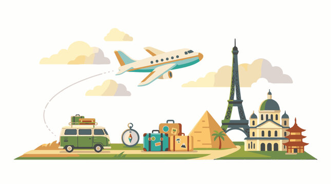 A graphic illustration of a plane flying over various landmarks and travel items