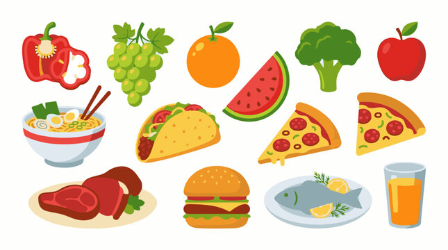 A colorful digital illustration of various food items arranged in three rows on white