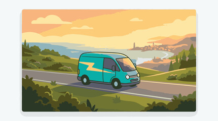 Fototapeta premium Teal delivery van on winding road.