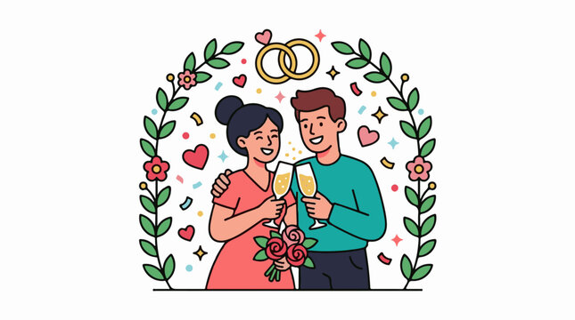 Happy couple celebrating wedding toast.