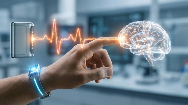 Futuristic concept of brain computer interface with glowing digital brain and energy wave transfer from wearable technology