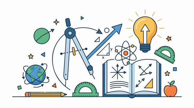 Colorful illustration of a globe compass book light bulb and school supplies