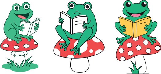 Naklejka premium Cute Cartoon Frogs Reading Books on Mushroom Transparent Background