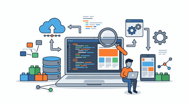 A colorful illustration of a man working on a laptop with various digital elements