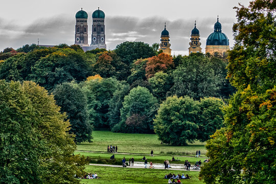 Munich Skyline Beyond English Garden Autumn Meadow