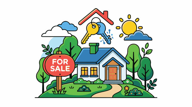 A cartoon house with a 'For Sale' sign is surrounded by trees and a sunny sky