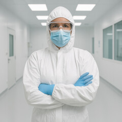 Fototapeta premium Healthcare worker wearing full protective isolation suit standing confidently in sterile hospital corridor, infectious disease preparedness and safety protocol concept