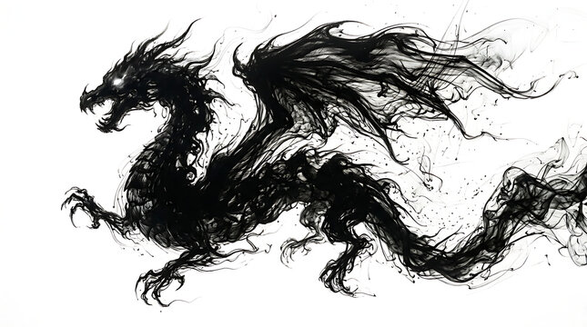 Dark mystical dragon in flight with smoky wings