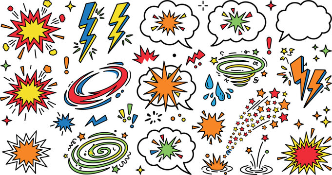 Comic book explosion and speech cloud vector effect set featuring bright lightning bolts stars vortex swirls and retro pop art elements