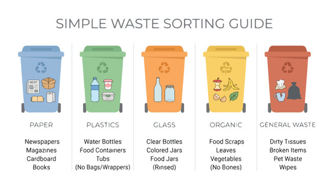 Simple waste sorting guide infographic with five colorful recycling bins for paper plastic glass organic and general waste to promote eco sustainability
