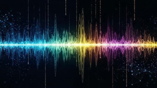 Vibrant Abstract Sound Waveform with Colorful Particles and Lights.