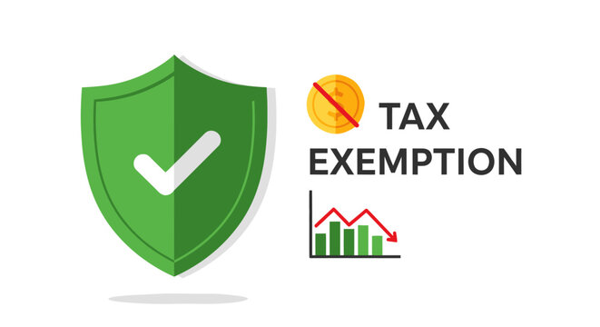 Vector illustration representing tax exemption, featuring a green shield with a checkmark, a crossed-out coin symbol, and a downward trending bar chart indicating financial tax reduction.