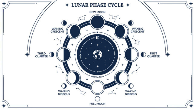 Lunar Phase Cycle Diagram: Full Moon to New Moon and Back, Celestial Illustration
