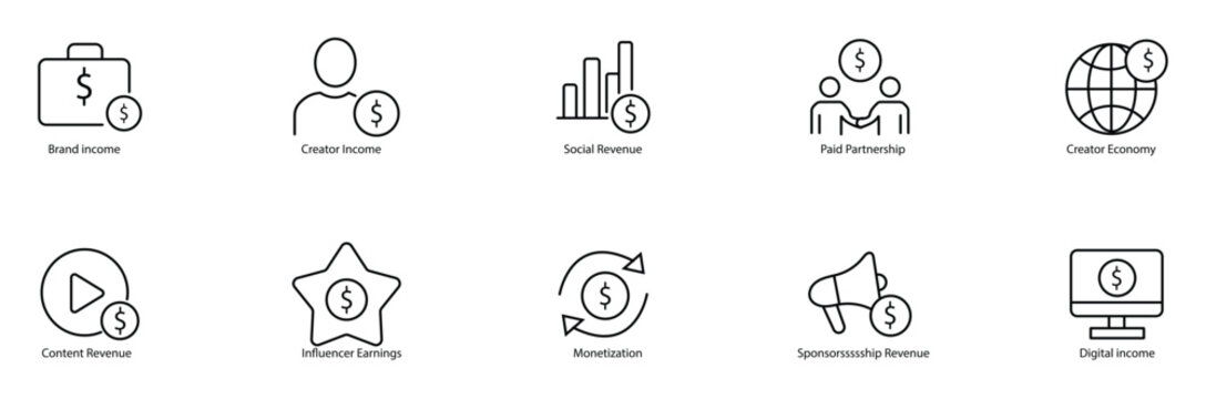 Business and finance income icons collection featuring brand creator social revenue paid partnership creator economy content earnings monetization sponsorship digital growth.