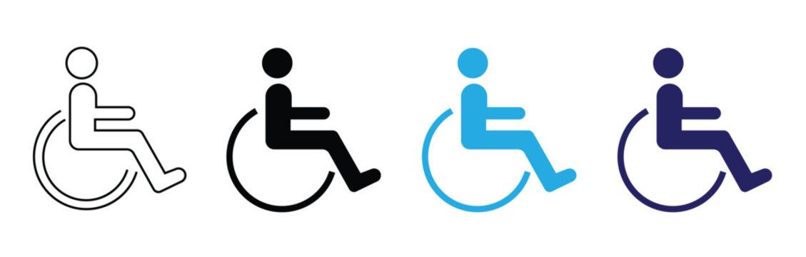 Disabled person in wheelchair icons set isolated on white background with different stroke weights and solid fill colors representing accessibility and inclusive design.