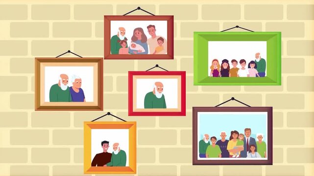 Collage of Framed Family Photos on Wall, Memories and Family Tree Concept, 2D Minimalist Animation Loop