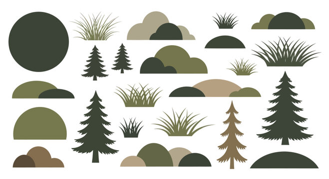 Collection of stylized green trees and grass elements.
