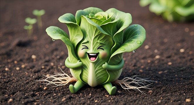 A whimsical cartoon lettuce character laughing happily in the soil