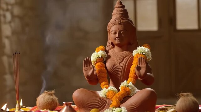 Sacred Clay Idol of Goddess Gauri Decorated with Marigold Flowers and Bilva Leaves for Mangala Gauri Vrat Ritual with Soft Incense Smoke Background