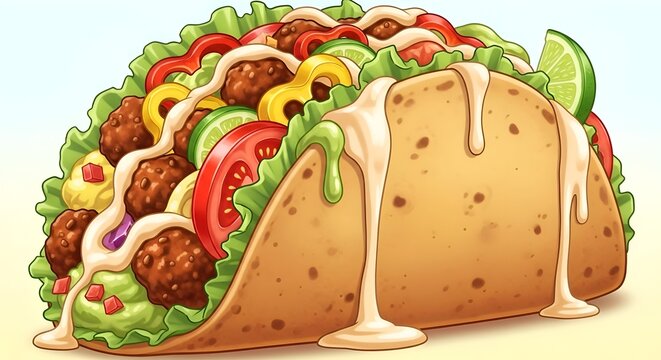 Vibrant cartoon illustration of a hard shell taco overflowing with toppings and sauce