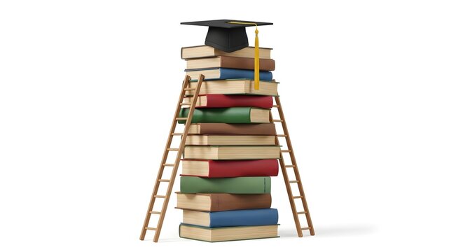 Graduation cap on top of a tall stack of books with wooden ladders on both sides isolated on white background
