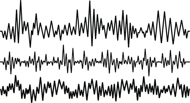 Sound waveforms illustration three distinct audio signal patterns on a white background