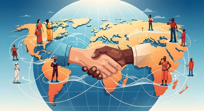 Global partnership and diversity handshake over world map