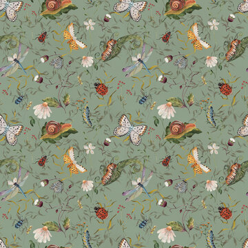 Seamless watercolor insects pattern on sage green background