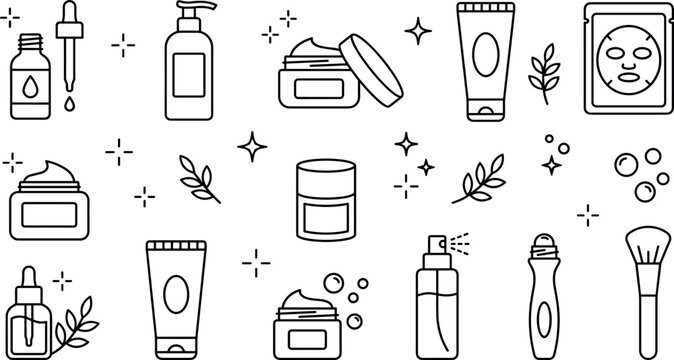 Skincare and cosmetics line art vector icon set featuring dropper bottle cream jar lotion pump tube sheet mask and spray