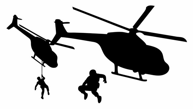 Silhouette of helicopters with soldiers rappelling and jumping