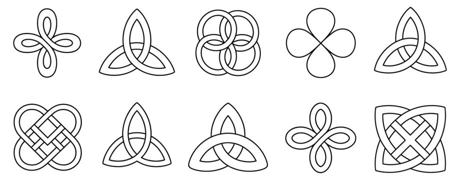 Celtic knot symbols, infinite loop pattern icons, decorative interwoven designs, traditional ethnic motifs, spiritual graphic elements, vector illustrations.