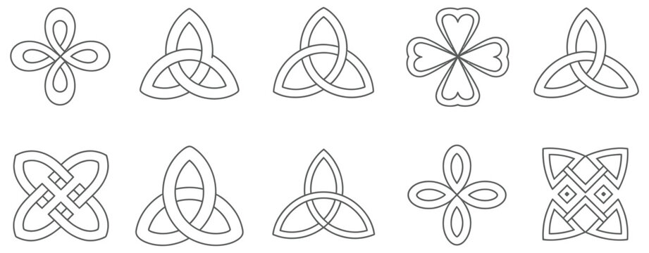 Celtic knot symbols, infinite loop pattern icons, decorative interwoven designs, traditional ethnic motifs, spiritual graphic elements, vector illustrations.