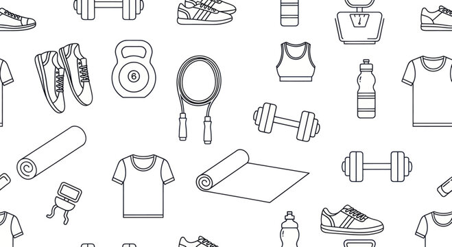 Seamless pattern of fitness and gym equipment for active lifestyle.