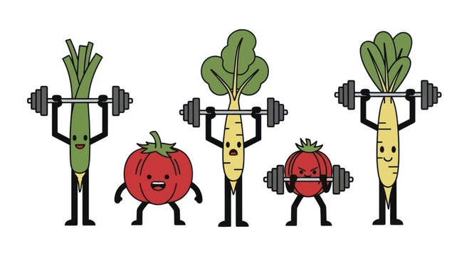 Strong and healthy vegetables lifting weights in a fun cartoon style.