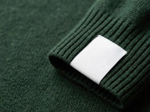 Apparel Mockup: Textured Fabric Label Detail on Dark Green Sweater Sleeve, Product Branding Concept.