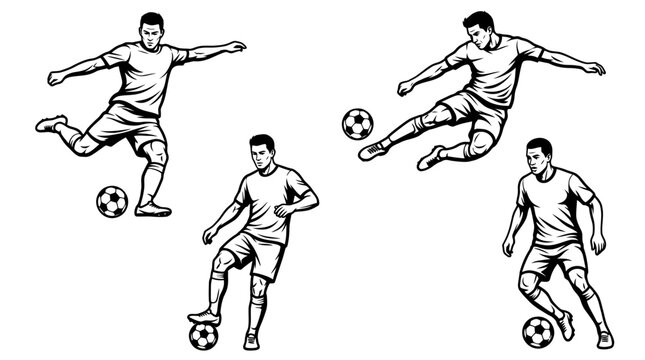 Multiple illustrated soccer players performing dynamic kicks and passes in action poses.