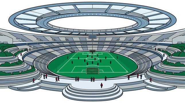 Futuristic Circular Stadium with multiple rings and elevated concourses creating a dramatic modern sports venue.