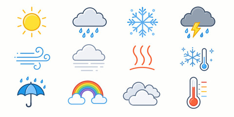 Obraz premium Weather icons depict sunny, rainy, cloudy, snowy, and stormy conditions with various symbols.