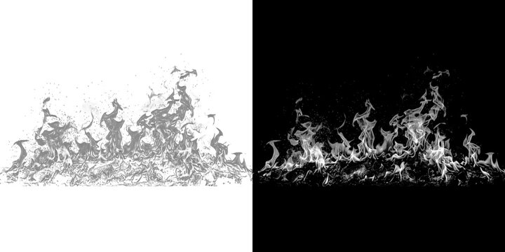 Monochrome smoke and fire texture isolated on alpha channel for black and white cinematic visual effect design.