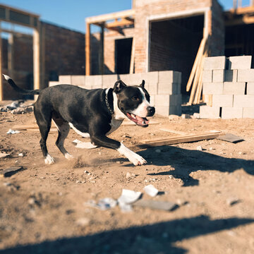 pit bull dog running and playing on the land