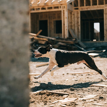 pit bull dog running and playing on the land