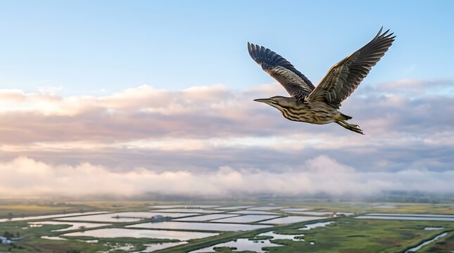 Wild bittern bird flying over wetlands at sunrise